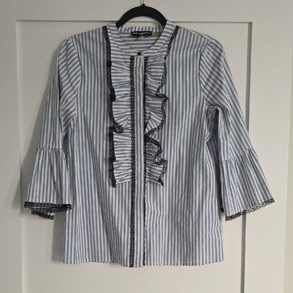 Karl Lagerfeld Blue and White Striped Ruffle Blouse